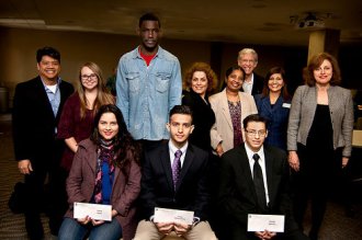 (From kept to correct) Front line: Shiva Daryouni, Recipient; Jorge Valderamma, Recipient; and Astrid Sainz, Recipient; straight back row: Dan Dao, Faculty; Samantha Zagurski, Recipient; Tomy Otunga, DCCCD Foundation Scholarship Recipient; Shiva Daryouni, Recipient; Praveena Dhayanithy, Faculty; Dave Shorow, Faculty; Dr. Zarina Blankenbaker, vice-president for training and training; and Dr. Kay Eggleston, President.